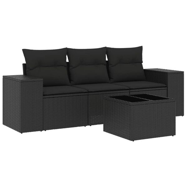 vidaXL Set mobilier de grădină cu perne, 4 piese, negru, poliratan