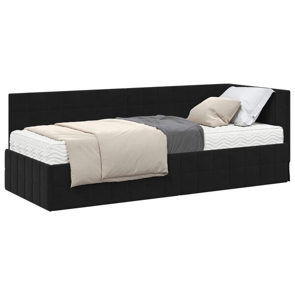 vidaXL Cadru de pat colțar cu saltea cu headboard 2 pcs Negru Catifea