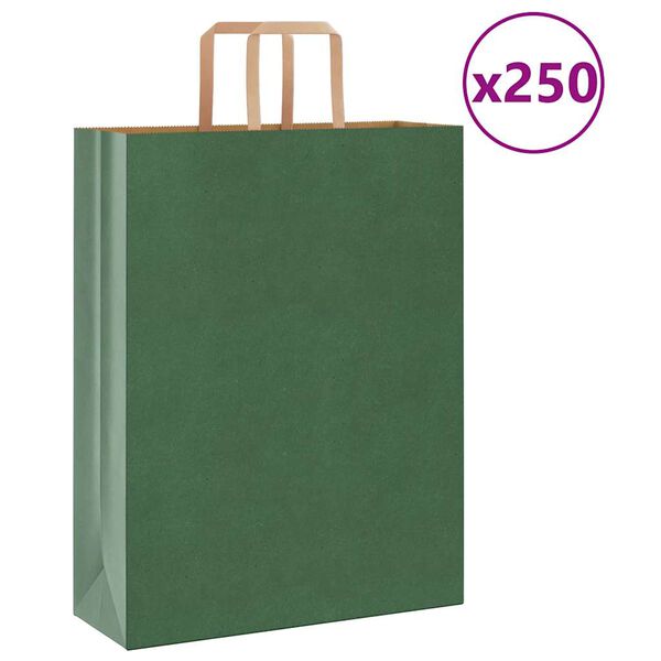 vidaXL Saci de h&acirc;rtie 250 buc cu m&acirc;nere verde 32x12x42 cm