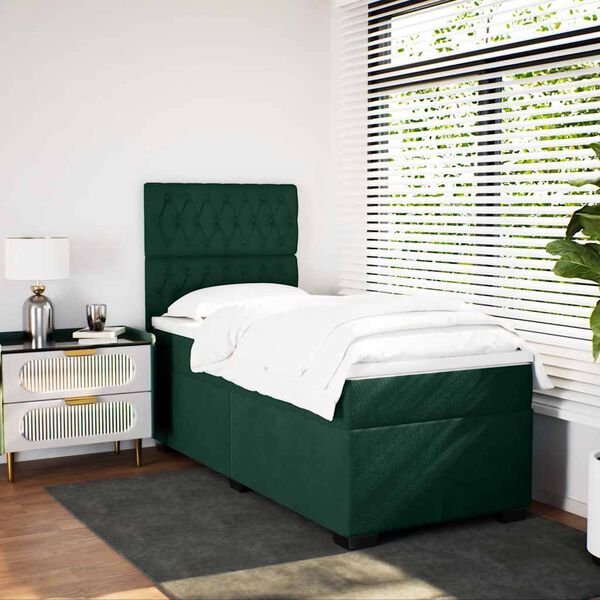 vidaXL Pat box spring cu saltea, verde &icirc;nchis, 90x200 cm, catifea