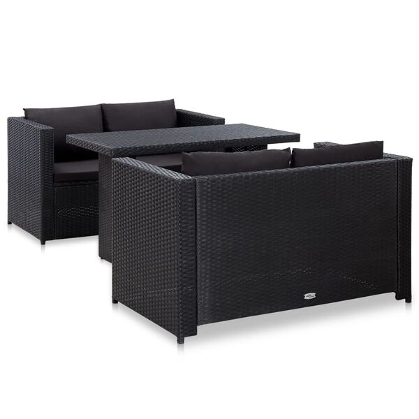 vidaXL Set mobilier de grădină cu perne, 3 piese, negru, poliratan