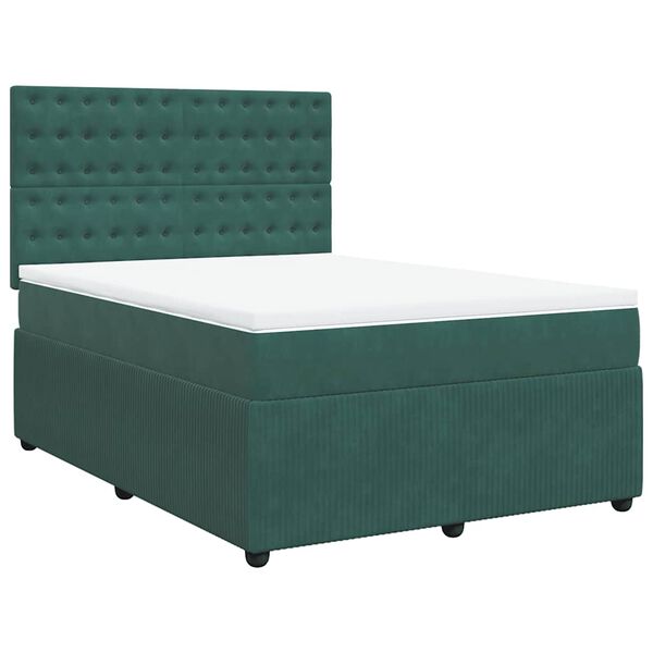 vidaXL Pat box spring cu saltea, verde &icirc;nchis, 140x190 cm, catifea