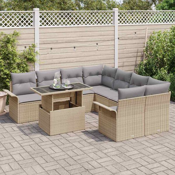 vidaXL Set de canapele pentru grădină cu pernă 9 pcs Bej Poli Rattan
