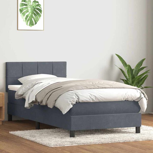 vidaXL Pat box spring cu saltea, gri &icirc;nchis, 90x210 cm, catifea