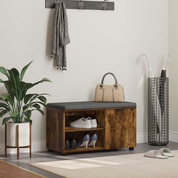 vidaXL Bancă pentru hol cu pernă Simplu Stejar fumuriu 80 x 38 x 46 cm