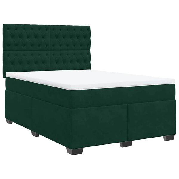 vidaXL Pat box spring cu saltea, verde &icirc;nchis, 140x200 cm, catifea