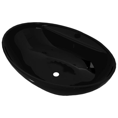 Chiuvetă baie, orificiu robinet/preaplin, negru, ceramică, oval