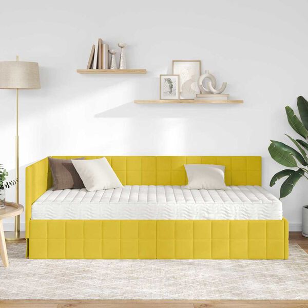 vidaXL Cadru de pat colțar cu saltea cu headboard 2 pcs Galben Catifea