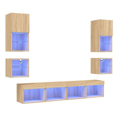 vidaXL Unități de perete TV cu LED-uri, 8 piese, stejar sonoma, lemn