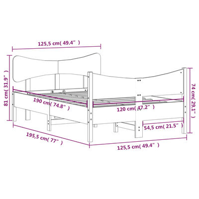 vidaXL Cadru de pat cu tăblie, 120x190 cm, lemn masiv pin