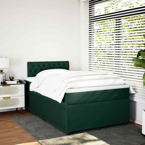 vidaXL Pat box spring cu saltea, verde &icirc;nchis, 120x190 cm, catifea