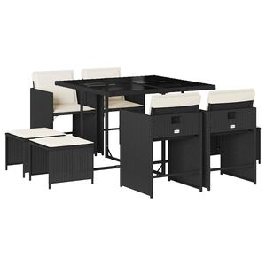 vidaXL Set mobilier de grădină cu perne, 9 piese, negru, poliratan