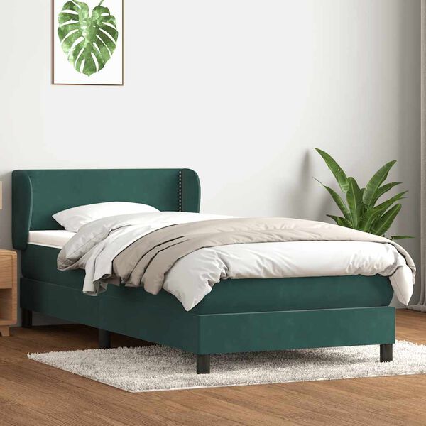 vidaXL Pat box spring cu saltea, verde &icirc;nchis, 80x210 cm, catifea