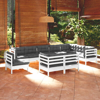 vidaXL Set mobilier grădină cu perne, 10 piese, alb, lemn masiv de pin