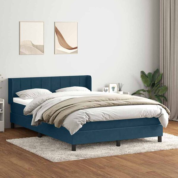 vidaXL Pat box spring cu saltea, albastru &icirc;nchis, 140x210 cm, catifea