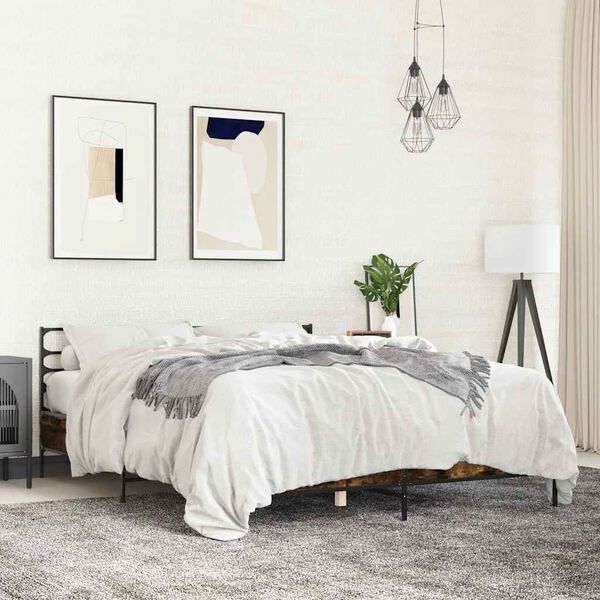 vidaXL Cadru de pat, stejar fumuriu 150x200 cm lemn prelucrat și metal