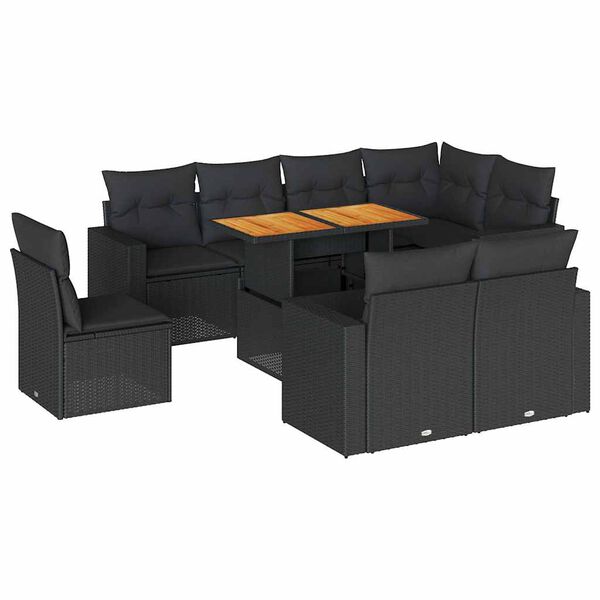 vidaXL Set mobilier de grădină cu perne, 9 piese, negru, poliratan