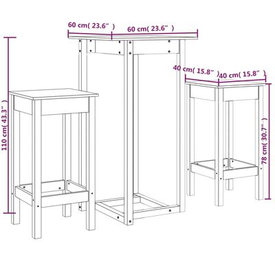 vidaXL Set mobilier de bar, 3 piese, gri, lemn masiv de pin