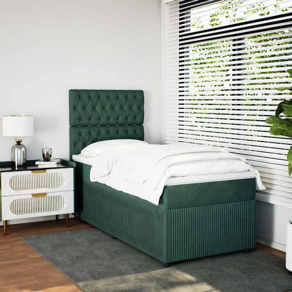vidaXL Pat box spring cu saltea, verde &icirc;nchis, 90x190 cm, catifea