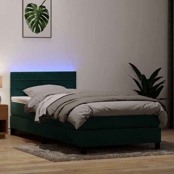 vidaXL Pat cu arcuri cu saltea și LED, verde &icirc;nchis, 90x220 cm, catifea