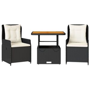 vidaXL Set bistro cu perne, 3 piese, negru, poliratan