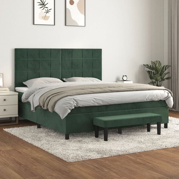 vidaXL Pat box spring cu saltea, verde &icirc;nchis, 180x200 cm, catifea