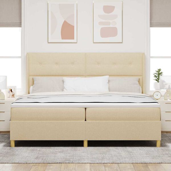 vidaXL Pat cu arcuri cu saltea cu headboard Crem 200 x 200 cm țesătură