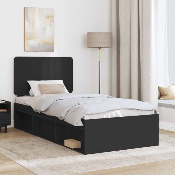vidaXL Cadru de pat cu headboard Negru 90 x 190 cm Lemn de pin masiv