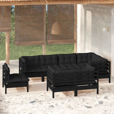 vidaXL Set mobilier grădină cu perne, 8 piese, negru, lemn masiv pin