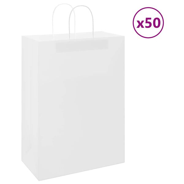 vidaXL Pungi de h&acirc;rtie 50 buc cu m&acirc;nere albe 32x17x44 cm