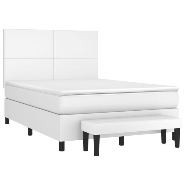 vidaXL Pat box spring cu saltea, alb, 140x200 cm, piele ecologică
