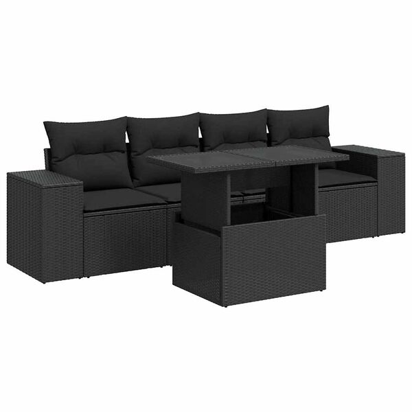 vidaXL Set mobilier de grădină cu perne, 5 piese, negru, poliratan