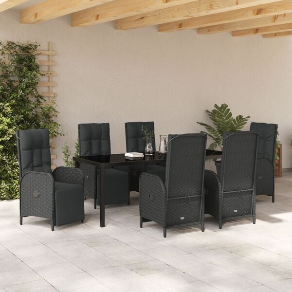 vidaXL Set de masă pentru grădină cu pernă 7 pcs Negru poliratan