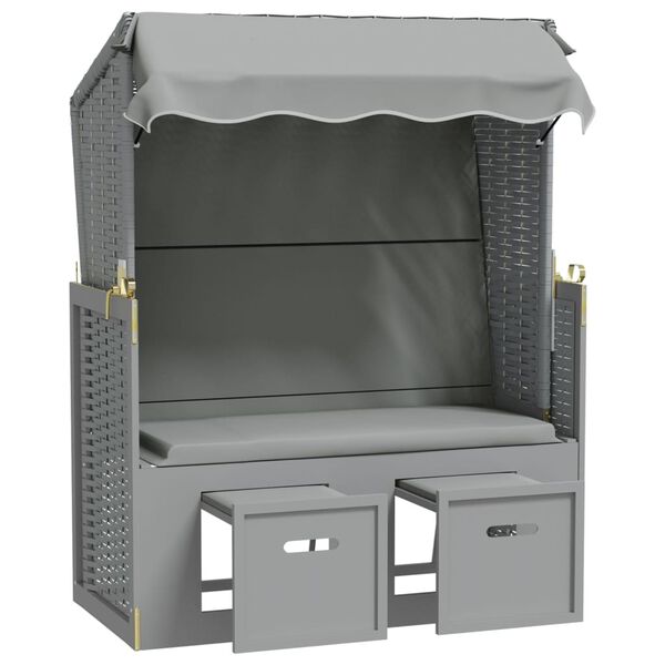 vidaXL Scaun de plajă cu baldachin, gri, poliratan și lemn masiv