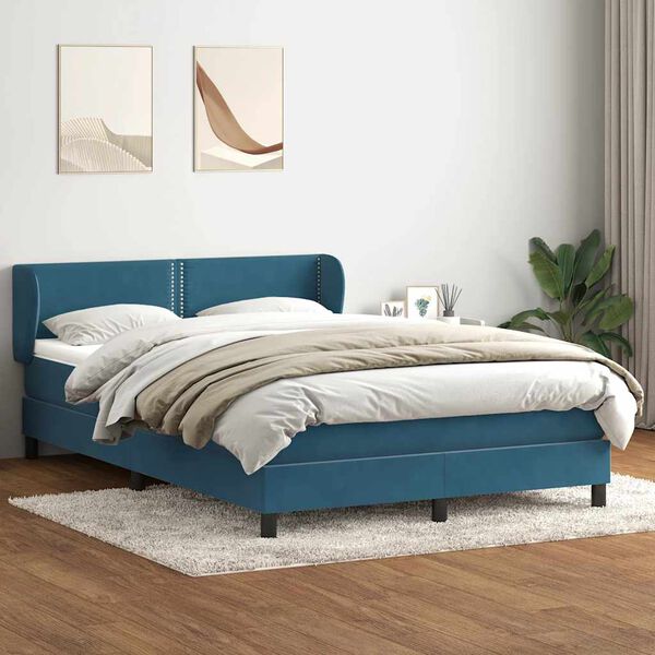 vidaXL Pat box spring cu saltea, albastru &icirc;nchis, 160x220 cm, catifea