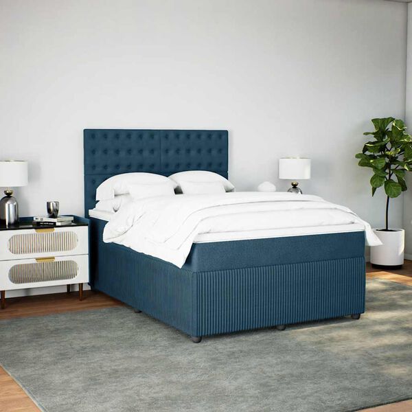 vidaXL Pat box spring cu saltea, albastru &icirc;nchis, 140x190 cm, catifea