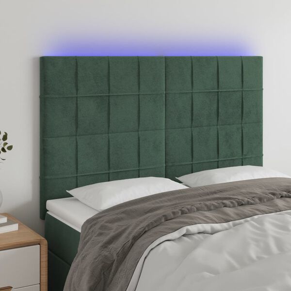vidaXL Tăblie de pat cu LED, verde &icirc;nchis, 144x5x118/128 cm, catifea
