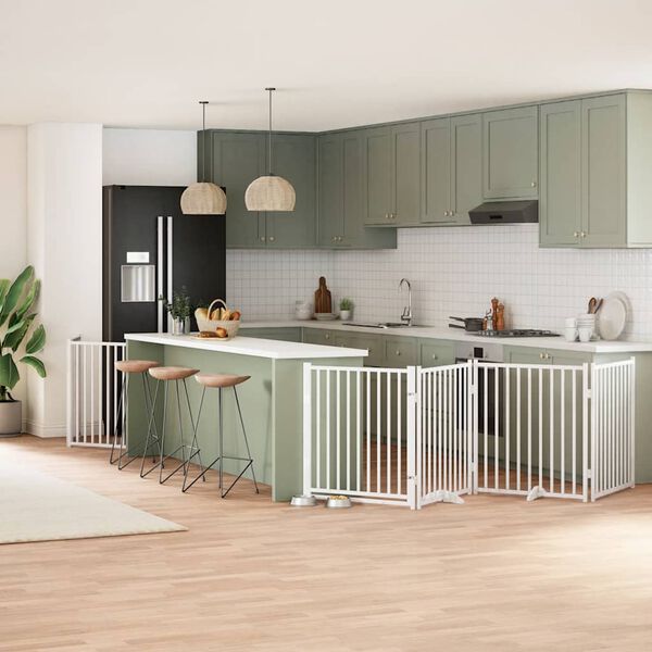 vidaXL Poartă câini pliabilă cu ușă, 6 panouri, alb, 480 cm, lemn plop