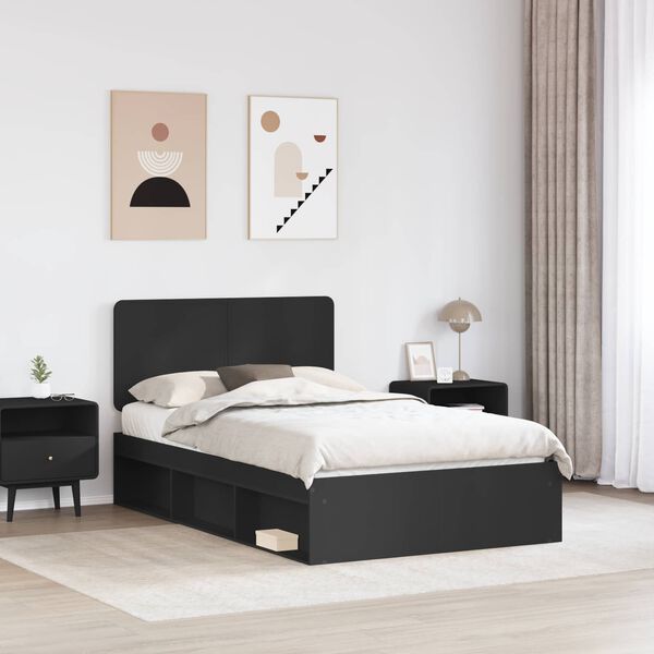 vidaXL Cadru de pat cu headboard Negru 120 x 190 cm Lemn de pin masiv