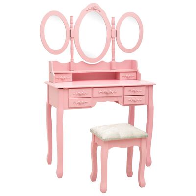 vidaXL Masă de toaletă cu taburet și triptic oglinzi, roz