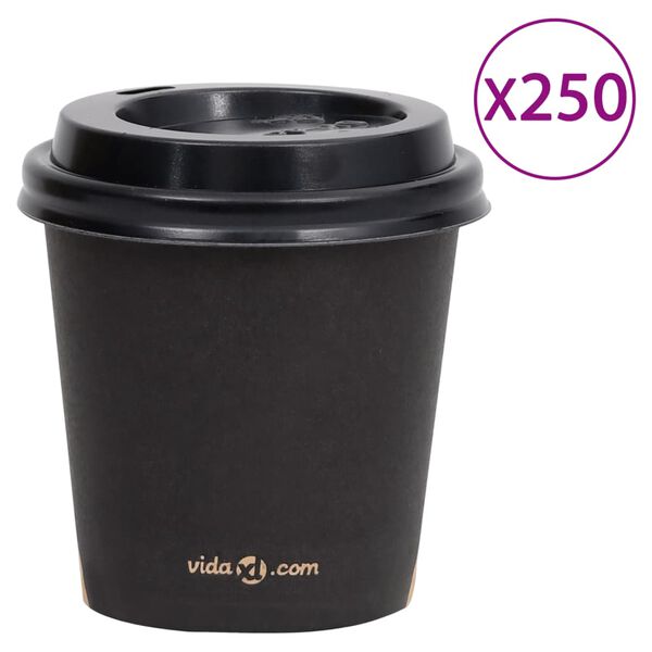 vidaXL Pahare de cafea de h&acirc;rtie cu capace, 250 buc., negru, 120 ml