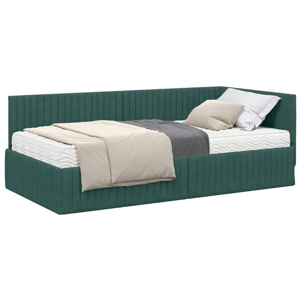 vidaXL Cadru de pat colțar cu saltea cu headboard 2 pcs Verde Catifea
