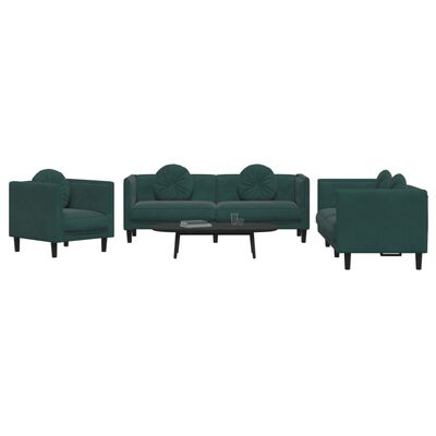 vidaXL Set canapea cu perne, 3 piese, verde închis, catifea