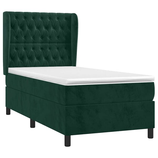 vidaXL Pat box spring cu saltea, verde &icirc;nchis, 90x190 cm, catifea