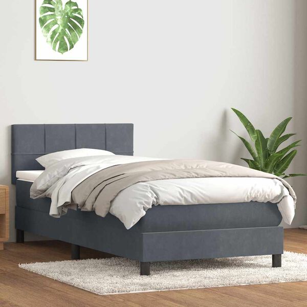 vidaXL Pat box spring cu saltea, gri &icirc;nchis, 80x220 cm, catifea