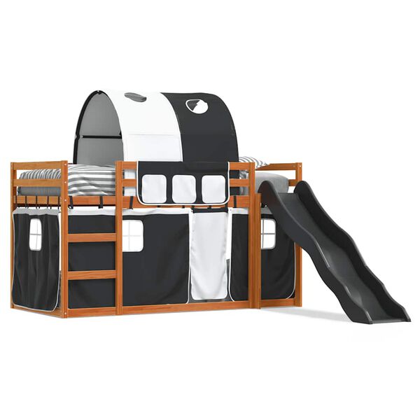 vidaXL Pat supraetajat cu tobogan și perdele, alb și negru, 80x200 cm