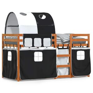 vidaXL Pat supraetajat de copii perdele, alb/negru, 75x190 cm lemn pin