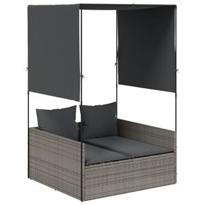 vidaXL Șezlong de plajă dublu cu acoperiș și perdele, gri, poliratan