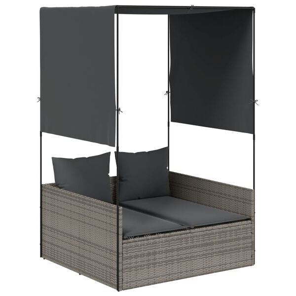 vidaXL Șezlong de plajă dublu cu acoperiș și perdele, gri, poliratan