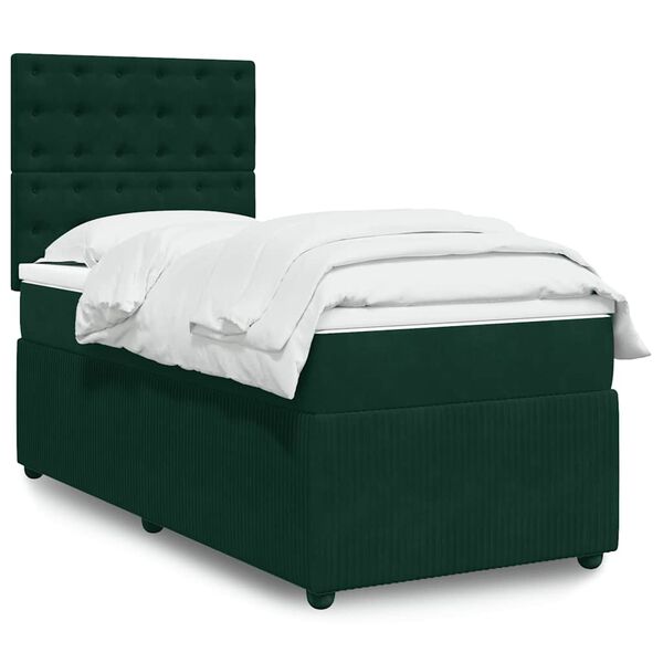 vidaXL Pat box spring cu saltea, verde &icirc;nchis, 100x200 cm, catifea